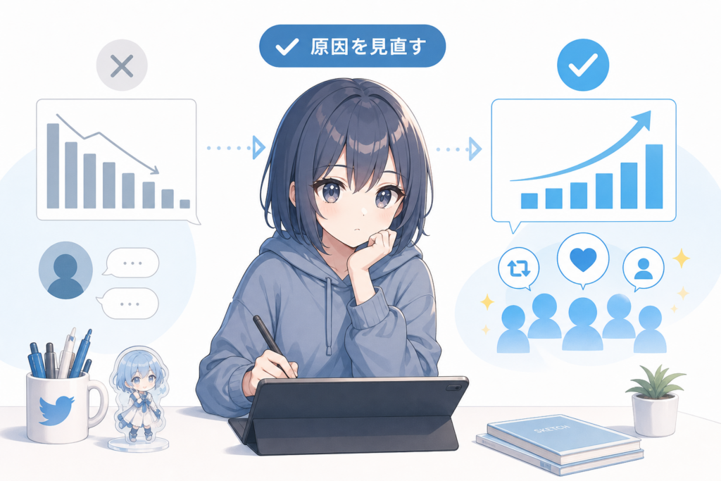 イラスト・オタク垢向けTwitterフォロワーの増やし方|絵が上手いのに伸びない原因と改善策
