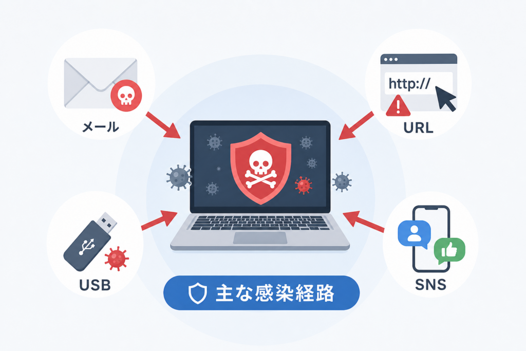 ウイルスの感染経路：メール・URL・USB・SNSからの侵入パターン