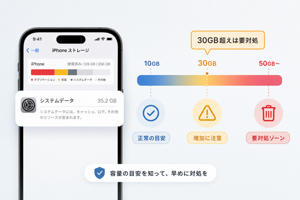システムデータの容量目安と異常判定:30GB超えは要対処ゾーン