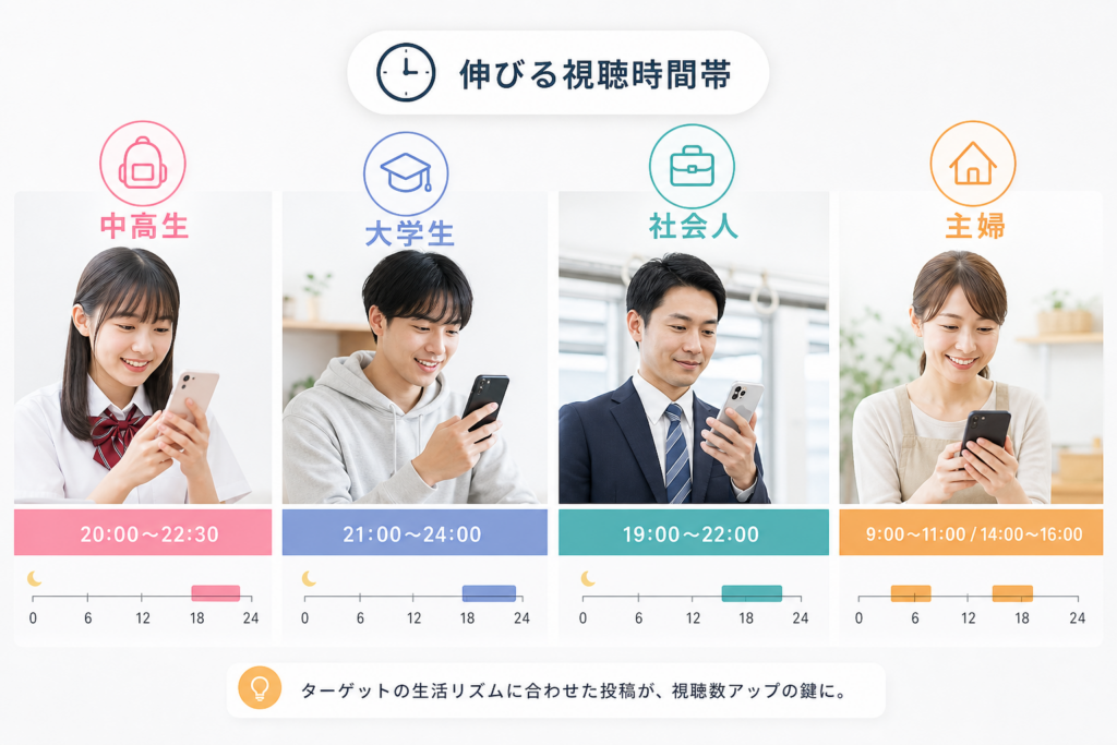 ターゲット別TikTok投稿時間の伸びる瞬間：中高生・大学生・社会人・主婦の視聴パターン