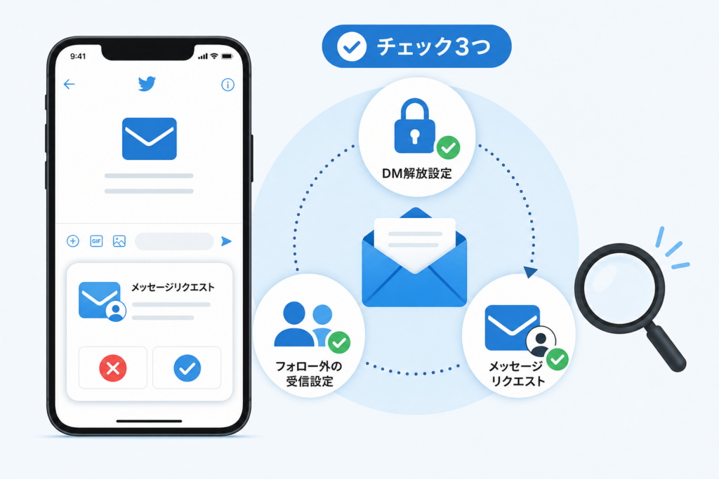 フォロー外にTwitter DMの送り方ができない時を一発で解決するチェックリストDM解放設定とリクエストの仕組み
