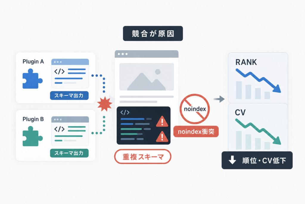 プラグイン追加で順位とCVが落ちる落とし穴：重複スキーマとnoindex衝突の実例