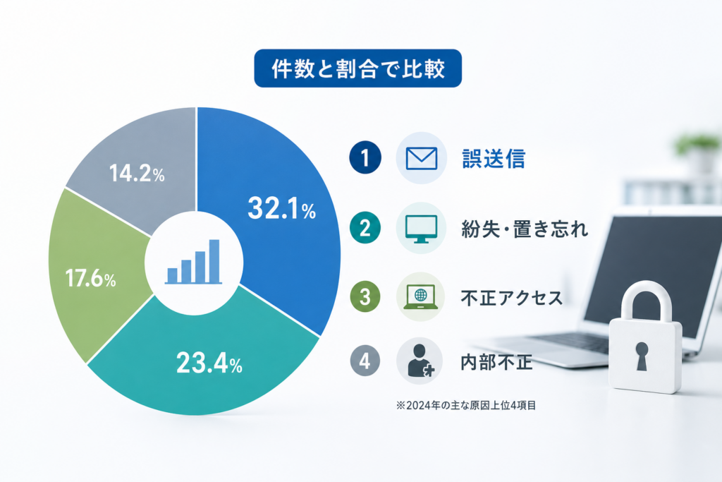 最新の情報漏洩原因ランキング上位4つ|件数と割合で見える構図