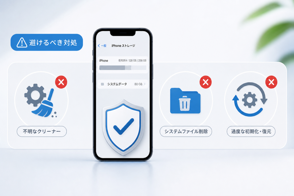 iPhoneシステムデータ減らしで避けるべき3つの危険な対処