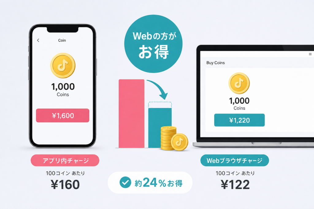 TikTokコインの価格差｜アプリとWebブラウザチャージの費用効率を比較