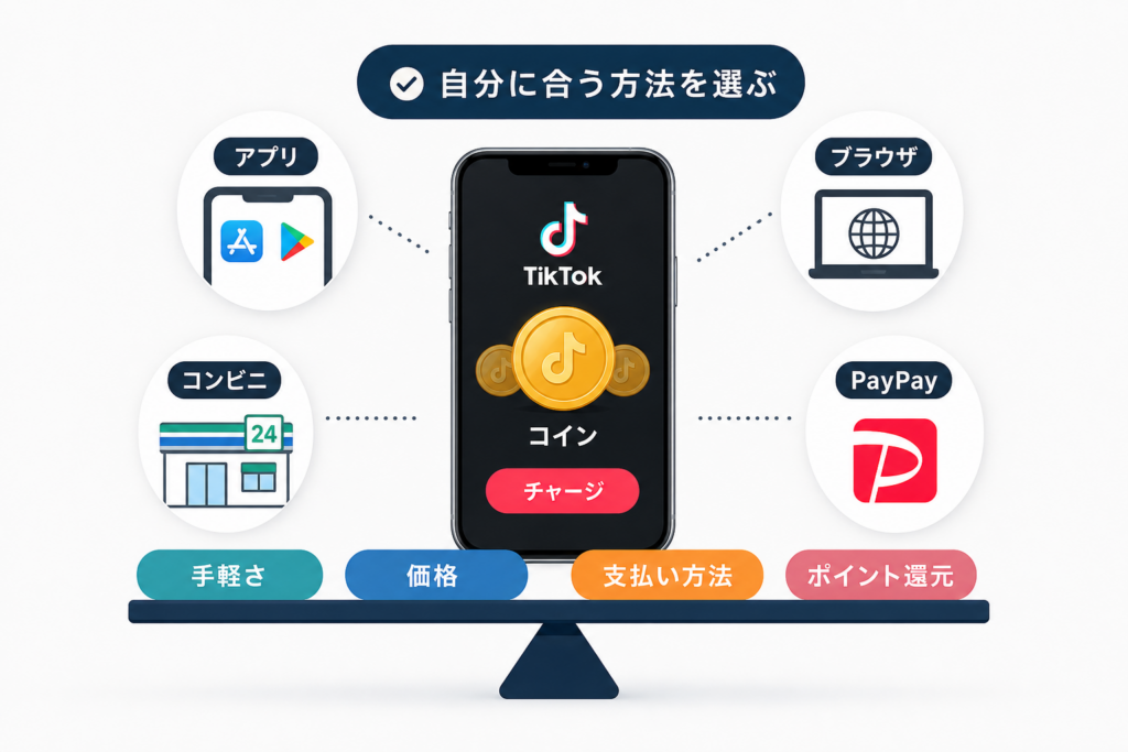 TikTokコイン最安チャージ方法の選び方|アプリ・ブラウザ・コンビニ・PayPay比較