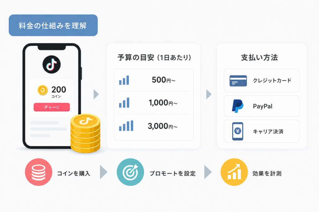 TikTokプロモートの料金体系とコイン仕組み:1日の現実的な予算と支払い方法