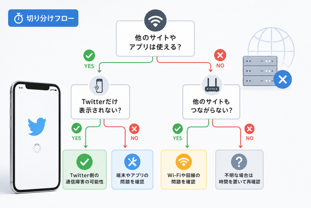 Twitter通信障害が自分だけか判定するための切り分けフローチャート