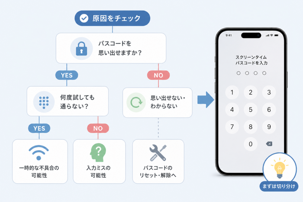 忘れた時や合ってるのに通らない…スクリーンタイムパスコード困った診断チャート