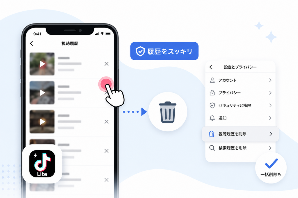 誰にもバレたくない！TikTok Liteの視聴履歴を個別に消す方法と一括削除の手順