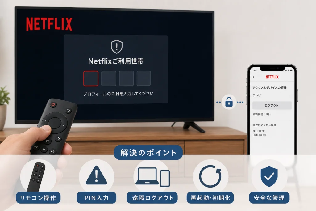 「Netflixご利用世帯」の画面やプロフィールPINで止まる場合