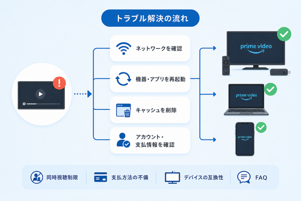 Prime Videoの症状を通信・端末・接続・アカウントに分ける原因分岐図