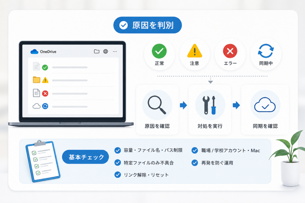 アイコンとエラー表示から原因を判別する