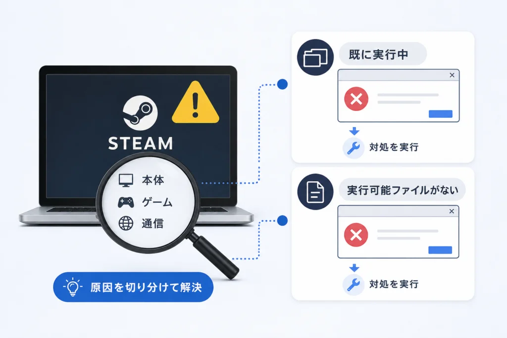 エラー表示別の対処:「既に実行中」「実行可能ファイルがない」