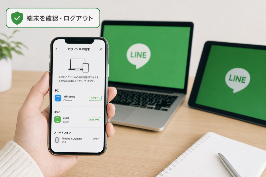 オフにする前後に「ログイン中の端末」を確認してログアウトする