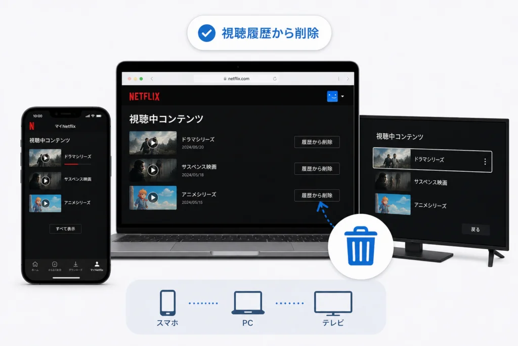 スマホ・PC・テレビで「視聴中コンテンツ」から作品を削除する方法