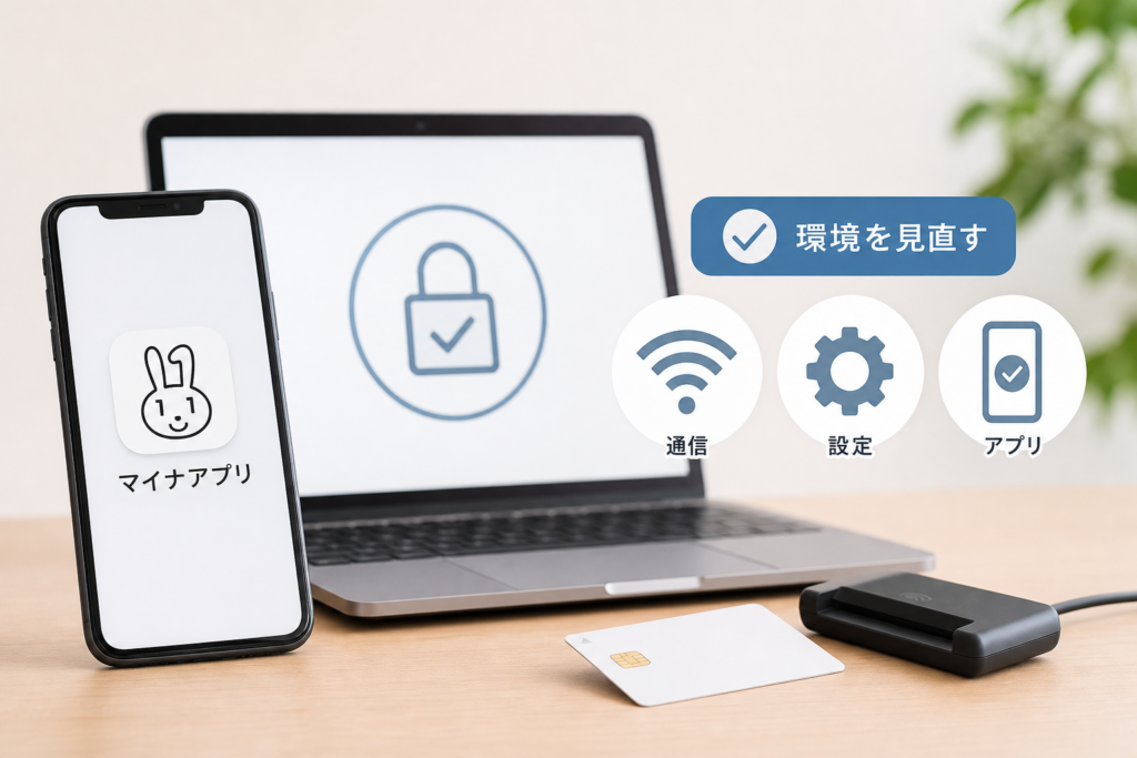 マイナアプリ・ブラウザ・OS・NFCを順番に確認する端末環境の切り分け図