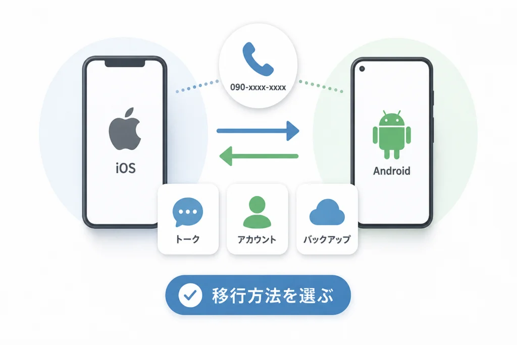 新旧端末のOSと電話番号から、移行方法を選ぶ