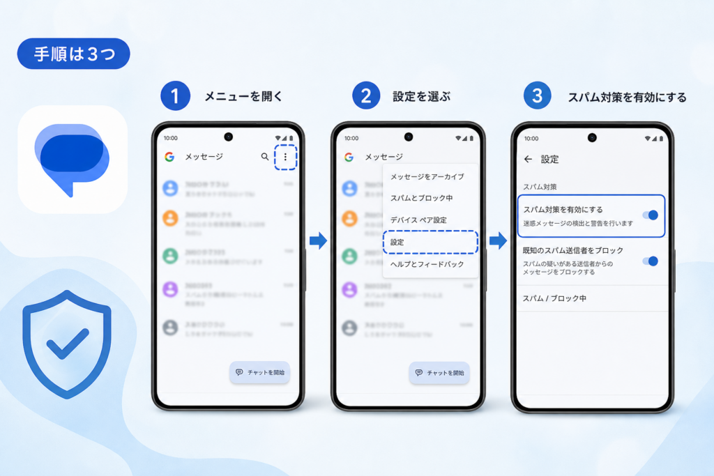 Google メッセージのスパム対策を有効にする手順