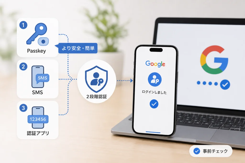 Googleアカウントでパスキーを設定する前に何を確認する?