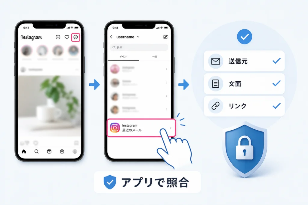 Instagramアプリで「最近のメール」を確認する手順