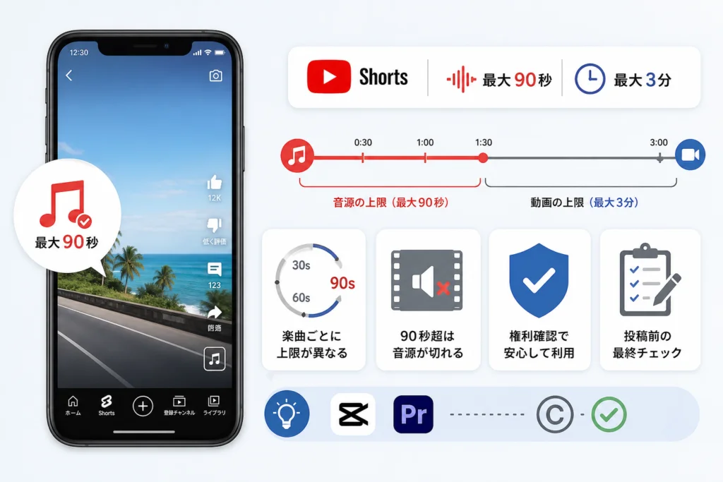 YouTube Shortsで90秒使える音源を確認する方法