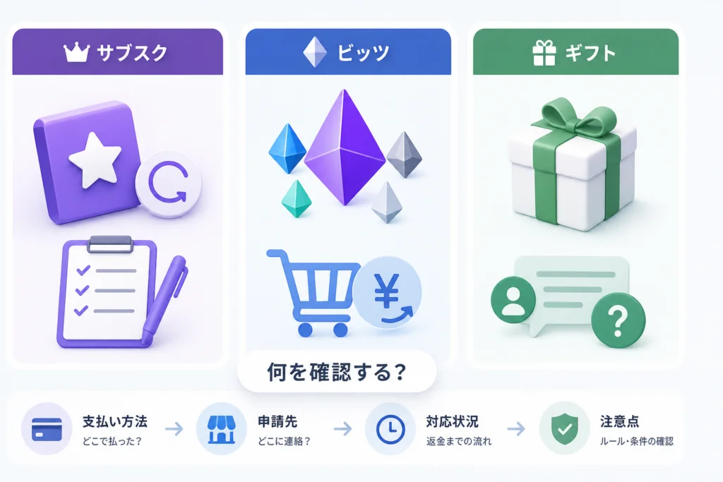 サブスク・ビッツ・ギフト別に何を確認すればよい?