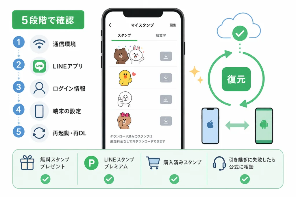 スタンプをダウンロードできないときの確認順