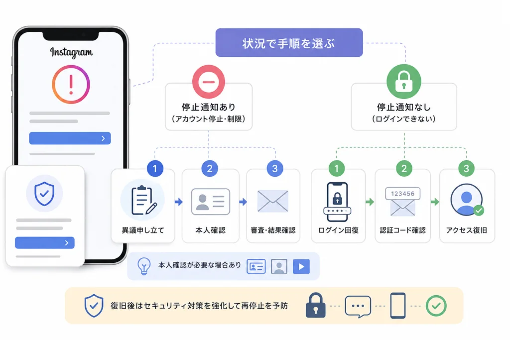停止通知があるかで、再審査とログイン回復を分ける