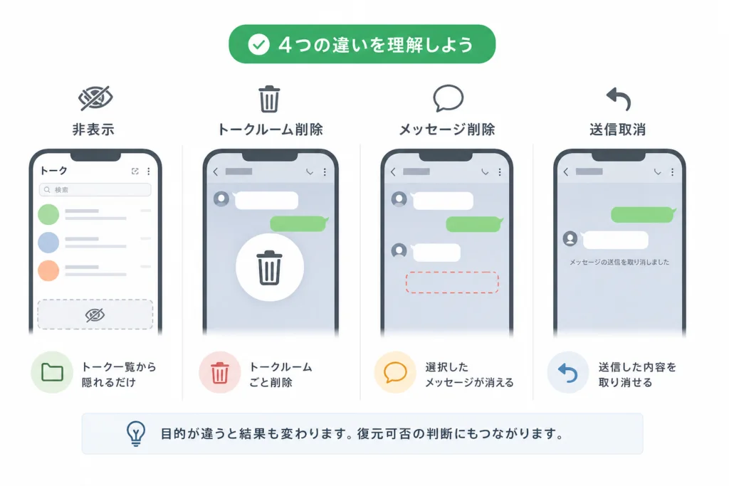 非表示・トークルーム削除・メッセージ削除・送信取消の違い