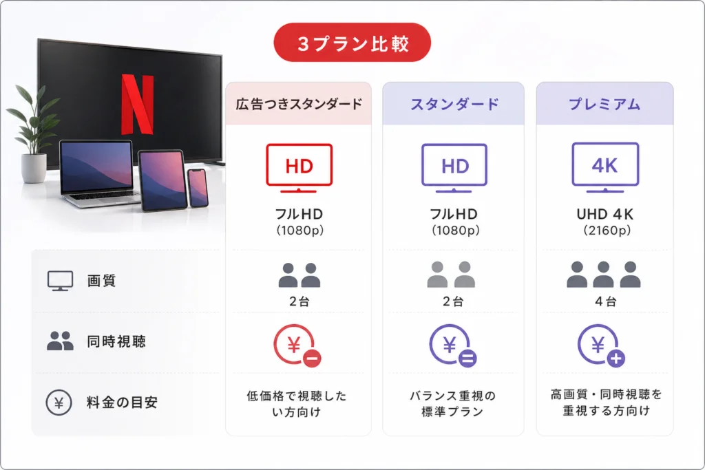 Netflixの3プランを比較｜料金・画質・同時視聴で選ぶ
