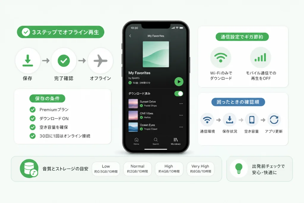 Spotifyでダウンロードできるものと保存の条件